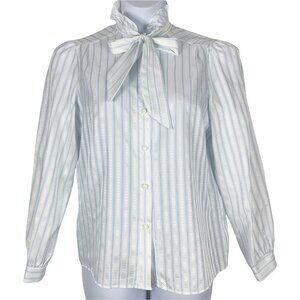 Vintage Blouse Size 14 Neck Bow Striped Button Up Blue White Shimmer Placements